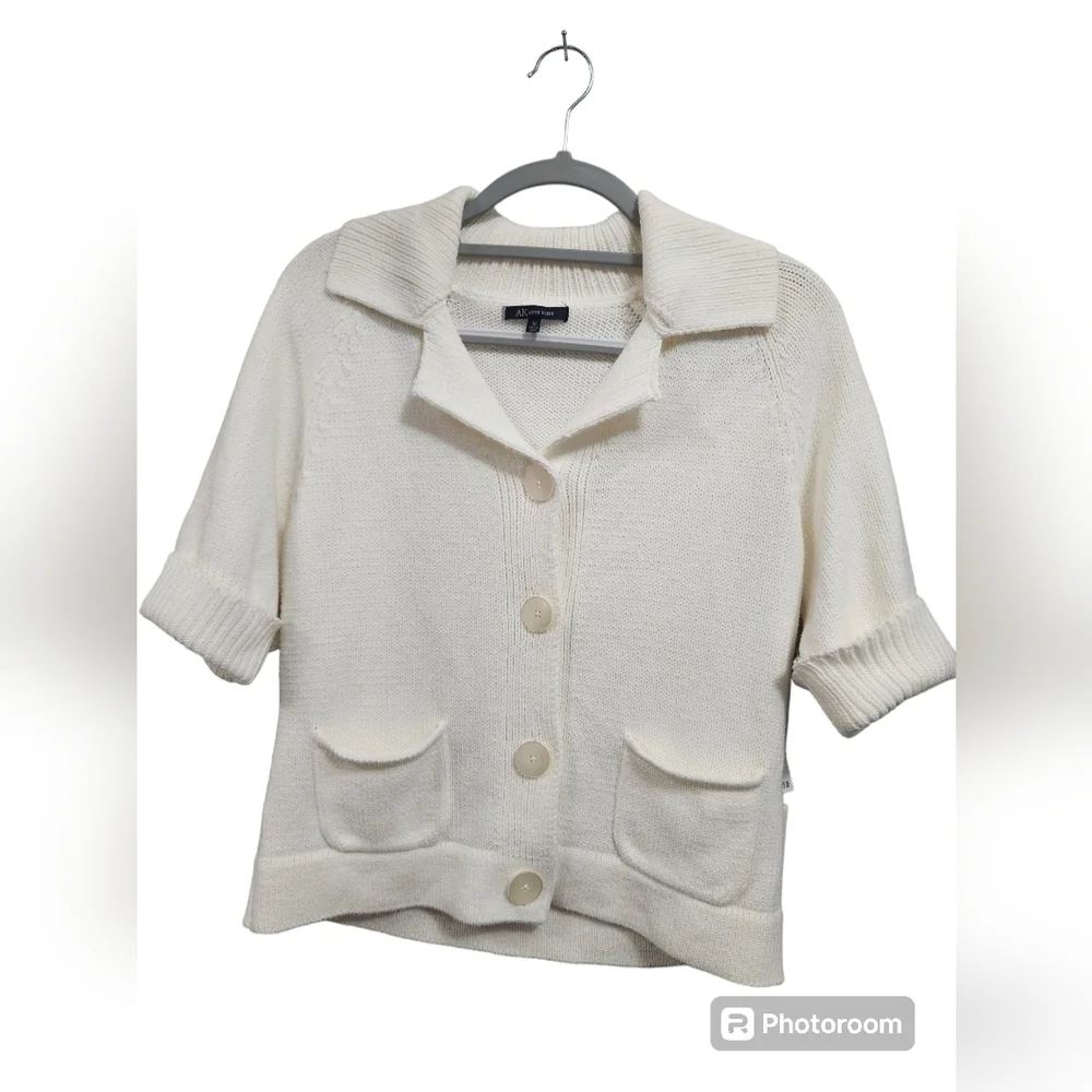 NWT Anne Klein Button UP Knit Sweater Ivory Beige Collared Size Medium - Picture 1 of 6